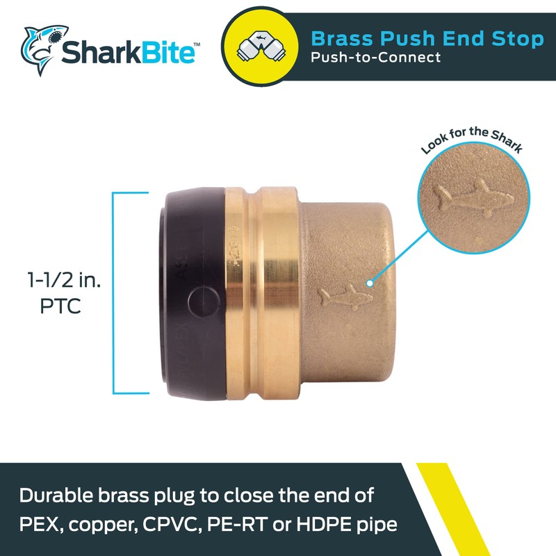 SharkBite 1-1/2 Inch Push Cap, Push to Connect Brass Plumbing