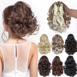 Yamel Ponytail Extension 8" Short Curly Wavy Highlight Brown Mix Blonde Claw Jaw Clip in Synthetic Hairpiece Pony Tail Tale Ponytail Hair Extensions