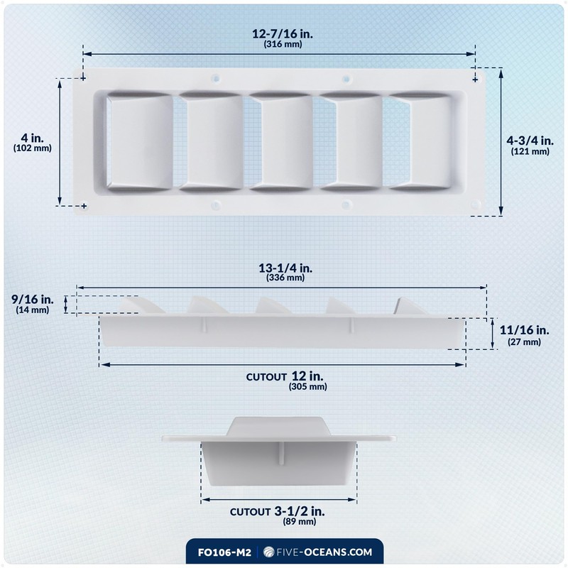 Five Oceans 5-Slotted Louvered Ventilators, 13-1/4-Inch x 4-3/4-Inch, White ABS