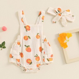 Baby Girl Summer Outfit Peaches print Sleeveless Ruffle Butt Romper with Bow Headband Newborn Infant Jumpsuit (Beige, 6-12 Months)