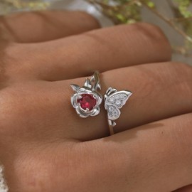 JJewmon Butterfly Rose Birthstone Ring for Women 925 Sterling Silver Butterfly Birth Stone Ring Birhstone Rose Ring Flower Elegant Promise Band Ring Butterfly Birthstone Jewelry Gifts for Her