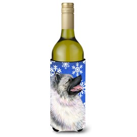 Caroline's Treasures SS4626LITERK Keeshond Winter Snowflakes Holiday Wine Bottle Hugger Bottle Cooler Sleeve Hugger Machine Washable Collapsible Insulator Beverage Insulated Holder