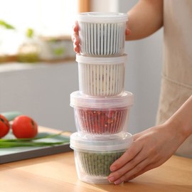 gofidin 4 Pcs Vegetable Storage Box, Ginger Garlic Onion Keep Fresh Container with Drain Basket Double Layer Plastic Transparent Food Drainage Sealing Box