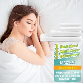 Disposable Bed Sheets for Travel - 4PCS Portable Travel Bedding Set for Hotel, Breathable 1Bed Sheet 1Quilt Cover 2Pillowcover, Disposable Bed Set for Camping, SPA, Business Trip, Cruise Essentials