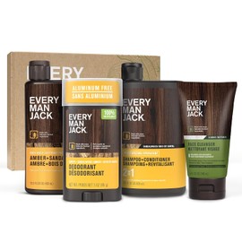 Every Man Jack Bath and Body Shower Gift Set for Men, Amber Sandalwood | Hydrating Body Wash, 2-in-1 Shampoo Conditioner, Aluminum-Free Deodorant, Face Wash, Clean Ingredients, Full Routine in a Box