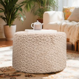 Round Pouf Ottoman Stuffed 20 x 20 x 14 Inches Boho Poof Foot Stool Home Decor Floor Pouffe Ottoman Foot Rest for Couch Sofa Bean Bag Chairs Living Room Bedroom (Light Coffee)
