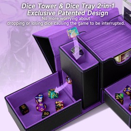 MTG Deck Box, Dice Tray & Tower 2 in 1 MTG Commander Deck Box Fits 120+ Single Sleeved Cards, Leather Magnetic Closure Card Deck Box with Magnetic Card Holders&Base for TCG, CCG, Black/Violet