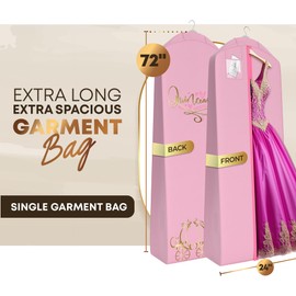 Your Bags Quinceanera Dress Garment Bag - Garment Bags for Hanging Gowns or Storage Preservation - 72" Quinceanera Storage Bag for Gowns with 20" Gusset for Puffy Quinceanera Gowns - Pink/Gold