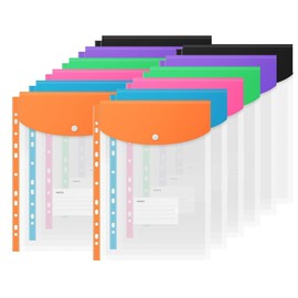 A4 Punched Pockets Plastic Wallets Folders Plastic Pockets Document Files Wallets with Button Expandable Punched Pockets Transparent Pocket with Snap Fastener and Label Pocket-12PCS