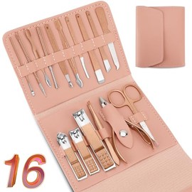 NINEMAX Manicura Set 16 en 1 manicure kit acero inoxidable manicura y pedicura, conjunto de uñas de acero inoxidable, conjunto profesional de corte de uñas de belleza (rosa)