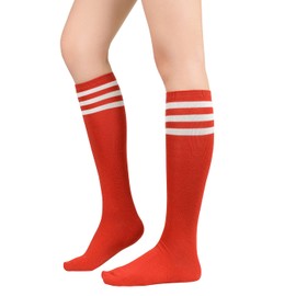 American Trends Women Athletic Knee High Socks Stripe Tube Sock Leg Warmer Knee High Stockings for Soccer Basketball 1 Pack Red White One Size