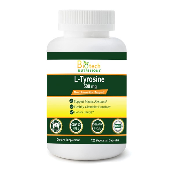 L-Tyrosine 500 mg 120 Vegetable Capsules Made in USA Non-GMO, Gelatin Free Tyrosine