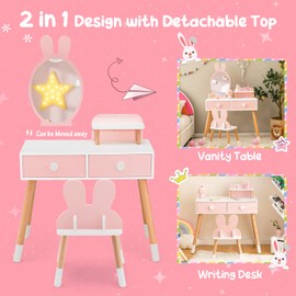 Costzon Kids Vanity Set, Girls Vanity Set with Mirror & Stool, 2 Large Drawers, Storage Shelf, Wooden Princess Makeup Dressing Table, Pretend Play Vanity Table Chair Set for Toddlers (Pink)