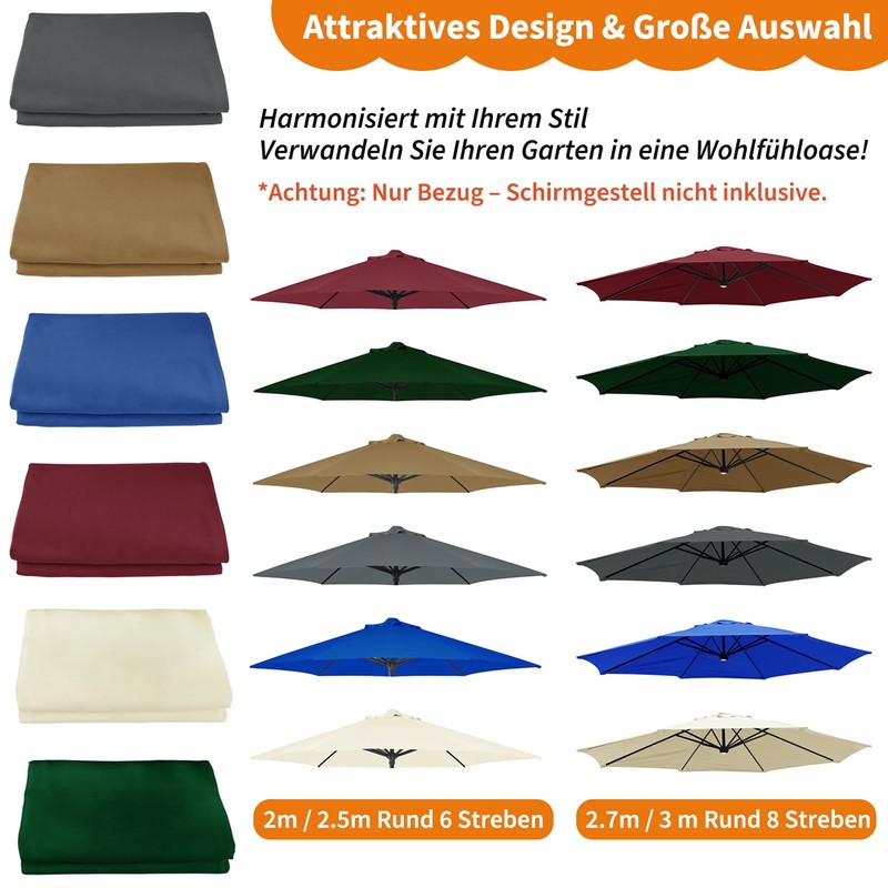 wiipara Parasol Replacement Cover 2 m 2.5 m 2.7 m