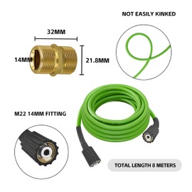 Universal Pressure Washer Hose for Greenworks Power Washer 3300 PSI ，Replacement 5200402 for Greenworks Ryobi Electric Power Wash Hose with M22/14 Fittings (25 FT Green)