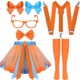 WGOCAUK Blue Orange Role Play Outfit - Orange Bow Tie Suspender Blue Orange Hairpins Tutu Skirt Tights Glasses for 100th Day of School Party Cosplay
