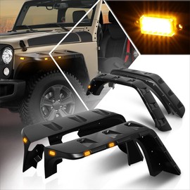 [4Pcs-Set] Pocket-Rivet Style Wheel Fender Flares w/LED Marker Compatible with 07-18 Jeep Wrangler JK