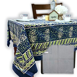 Sweet Us Chiara Floral Cotton Block Print Tablecloth Rectangle and One Plain Napkin, Floral Kitchen Dining Table Cloth, Table Cover for Indoor and Outdoors, Nature's Serenade, 58 x 88 in