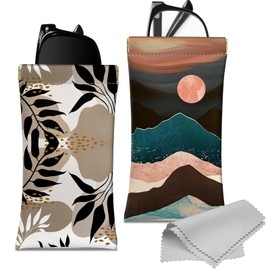 Deokke 2 PCS Glasses Case Eyeglass Sunglasses Pouch Portable Squeeze Soft Leather with Cleaning Cloth Cute Women Men Girls (D17-Leaf Mountain)