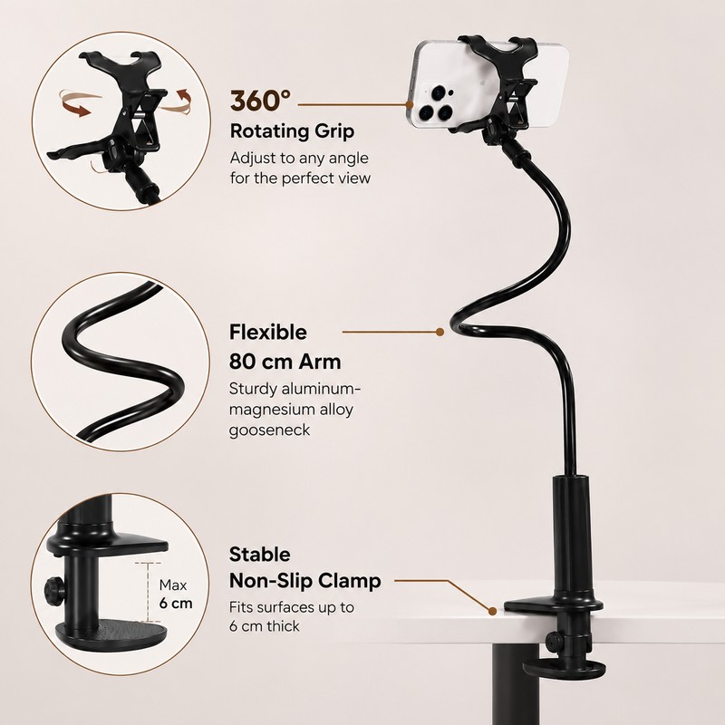 80cm Flexible Phone Holder for Hands-Free Viewing – 360° Gooseneck