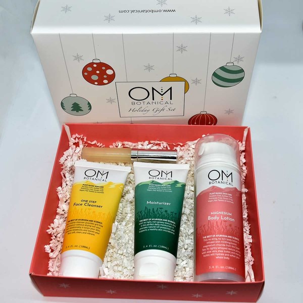 Organic Skin Care Daily Essentials Kit - One Step Face Cleanser, Organic Moisturizer w SPF and Magnesium Infused Body Lotion in a Gift Box