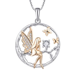 FJ Guardian Angel Pendant Necklace 925 Sterling Silver Tree of Life Necklace Butterfly Fairy Necklace with April Birthstone Cubic Zirconia Jewellery Gifts for Women Girls