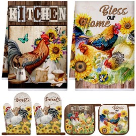 Leinuosen 6 Farmhouse Rooster Chicken Oven Mitts and Pot Holders Sets Farmhouse Kitchen Towels Absorbent Dish Towels for Cooking Baking Grilling(Multicolor,Kitchen Rooster)