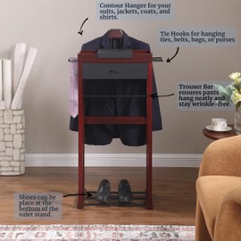 Proman Products Winston Freestanding Wooden Clothes Valet Stand Organizer with Hanger, Pant Rod, Drawer, Tie hook, Tray, Shoe Rack for men and women (Mahogany)