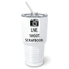 PixiDoodle Scrapbooking Photographer's Tumbler with Spill-Resistant Slider Lid and Silicone Straw (30 oz Tumbler, White)