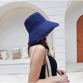 LeafIn Women's UV Protection, Reversible Hat, Spring, Summer, Sun Hat, Hat, Drawstring Cotton, Wide Brim, Small Face Effect, 22.0 - 22.8 inches (56 - 58 cm), Brim 5.1 inches (13 cm), floral - navy