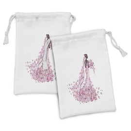 Ambesonne Wedding Fabric Pouch Set of 2, Flowers Hearts Butterflies on Wedding Dress Bridal Gown Artowork Print, Small Drawstring Bag for Toiletries Masks and Favors, 9" x 6", Pale Pink Maroon White