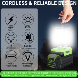 Fiihio Portable LED Work Light Compatible with Greenworks 40V Battery, 48W 4200LM Cordless Flood Light with USB & Type-C Ports, Low Voltage Protection, for Job Site Lighting, Camping (No Battery)