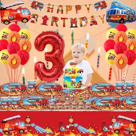 Fire Engine Birthday Decoration 3 Years, Fire Engine Party Tableware, Children's Birthday Party 3, Fire Engine Decoration, Children's Birthday Party 3, Balloons Paper Plates, Tablecloth for Children's