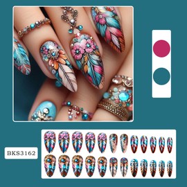 FIEONCIY Press on Nails Almond Shaped Glossy Full Cover Medium Acrylic False Nails with Designs Artificial Almond Fake Nails with Charms Glue Stick on Fingernails for Women Girls(BKS3162)