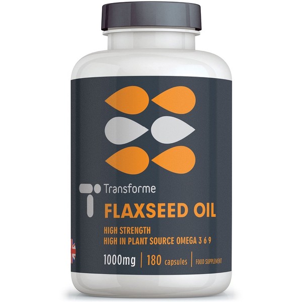 Transforme Flaxseed Oil Capsules 1000mg, Cold Pressed Omega 3 6 9, 180 Softgels, High in Alpha Linolenic, Linoleic & Oleic Acid, 2000mg Serving, Lactose & Gluten Free