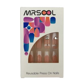 MRSCOL Long Press on Nails,Coffin Press on Nails with 3D Heart-Shaped Diamond Design,Long Reusable 24pcs Nail Kit with Glue