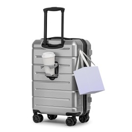 KYME Hard Shell Carry On Luggage 22x14x9 Airline Approved with Cup Holder,22 Inch Travel Rolling Suitcase with TSA Lock & Spinner Wheels,Silver
