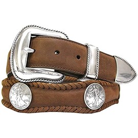 Walking Liberty Coin Conchos Western Belt Crazy Horse Scalloped Genuine Leather Belt 1-1/2"(38mm) Wide (Brown,36)