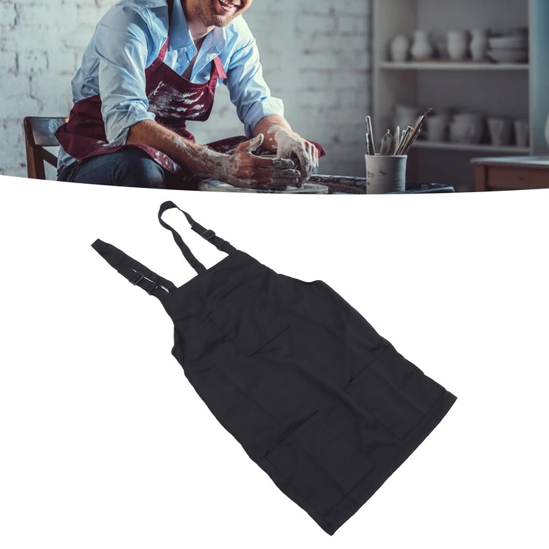 Kitchen Apron Black Apron Polyester Pockets Adjustable Strap Unisex Apron