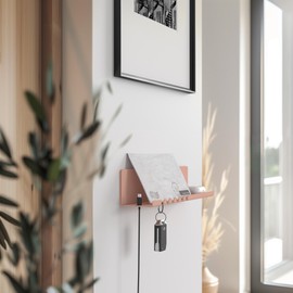 byde Helke Wall Shelf, 30 x 6 x 6 cm, 5 Hooks and Cable Holder, Hanging Shelf Made of Powder-Coated Sheet Steel, Key Rack Organiser and Letters for Entrance, Kitchen, Office, Beige and Red Colour