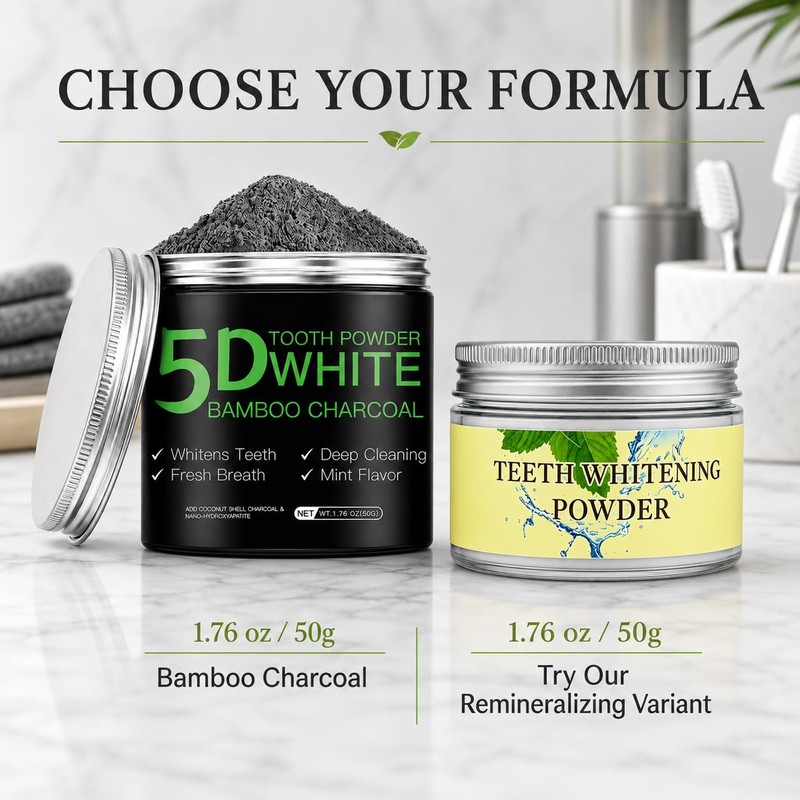 Bamboo Charcoal Whitening Tooth Powder with Hydroxyapatite, Stain Removal &