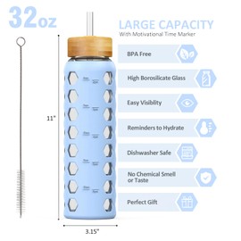 MUKOKO Glass Water Bottles,32oz Glass Tumbler with Straw,Drinking Bottles with 2 Lids-Handle Spout Lid&Bamboo Straw Lid,Motivational Water Bottle with Time Marker and Silicone Sleeve,1 Pack-Glacier