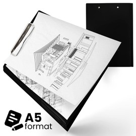 Netuno Clipboard Folder A5 with Clip Black Clipboard DIN A5 with Lid Writing Board with Metal Clip Hard Plate Plastic Writing Pad Clipboard DIN A5 Document Holder Pack of 1