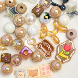 Niziky 100g Large Assorted Acrylic Beads for Crafts, 20mm Coffee AB Color Butterfly Flower Heart Star Square Round Shape Loose Beads, Acrylic Beads for Keychain Makin Phone Charms DIY Crafts