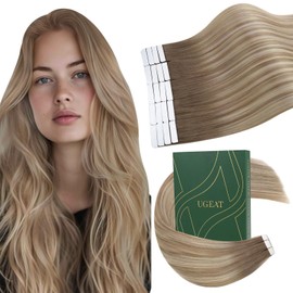 Ugeat Invisible Tape-In Extensions Real Hair 40 cm Blonde Tapes Extensions Remy Real Hair Tape Extensions Medium Brown to Golden Blonde with Brown Skin Weft Extensions Real Hair 20 Pieces 50 g