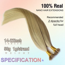KOCONI Nano Ring Hair Extensions Real Human Hair Blonde Nano Tip Hair Extensions Remy Human Hair Extensions 20Inch 50g #16/24 Ash Blonde Mix Bleach Blonde