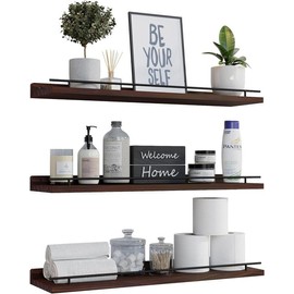 Floating shelves with gold metal guardrails, set of 3 wall decorative frames, bedroom, bathroom, kitchen, living room, plants, photo frames, art - white and gold - Color: Dark Brown, Size: 15.7 inch