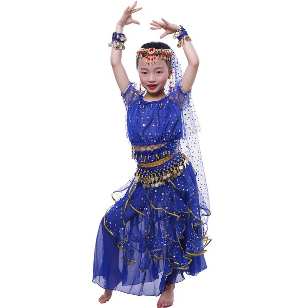 Astage Mädchen Kurzarm Bauch Tanz Kostüm Alle Ornamente, royal blue
