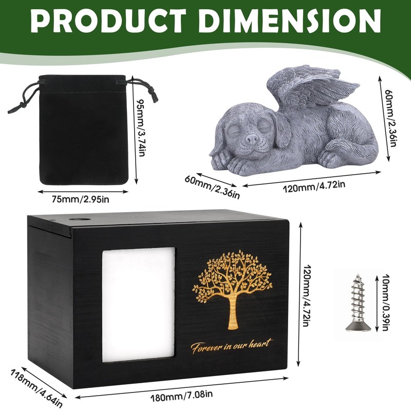 Black Wooden Pet Urn with Dog Statue and Cloth Ash