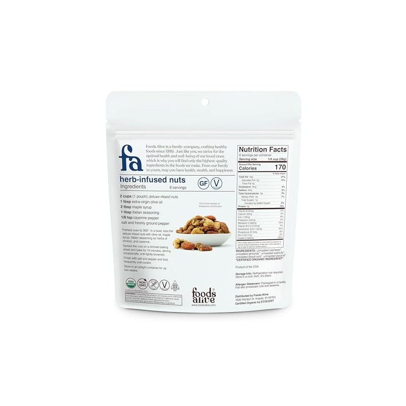 Foods Alive Organic Deluxe Mixed Nuts, 8oz, Kosher Blend of